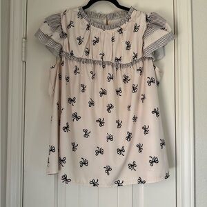 SHEIN Women's Ruffle Sleeve Blouse - Cream and Black